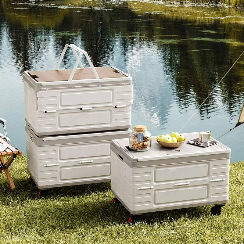 Boîte de rangement d'extérieur pliable portable pour le camping, le pique-nique et le jardin, chariot pliable à roulettes 360° avec couvercle en bois
