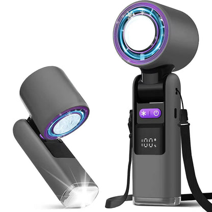 Ventilateur portable à main 3 en 1, mini-ventilateur turbo rafraîchissant avec lampe torche, ventilateur personnel rechargeable avec affichage LED de batterie