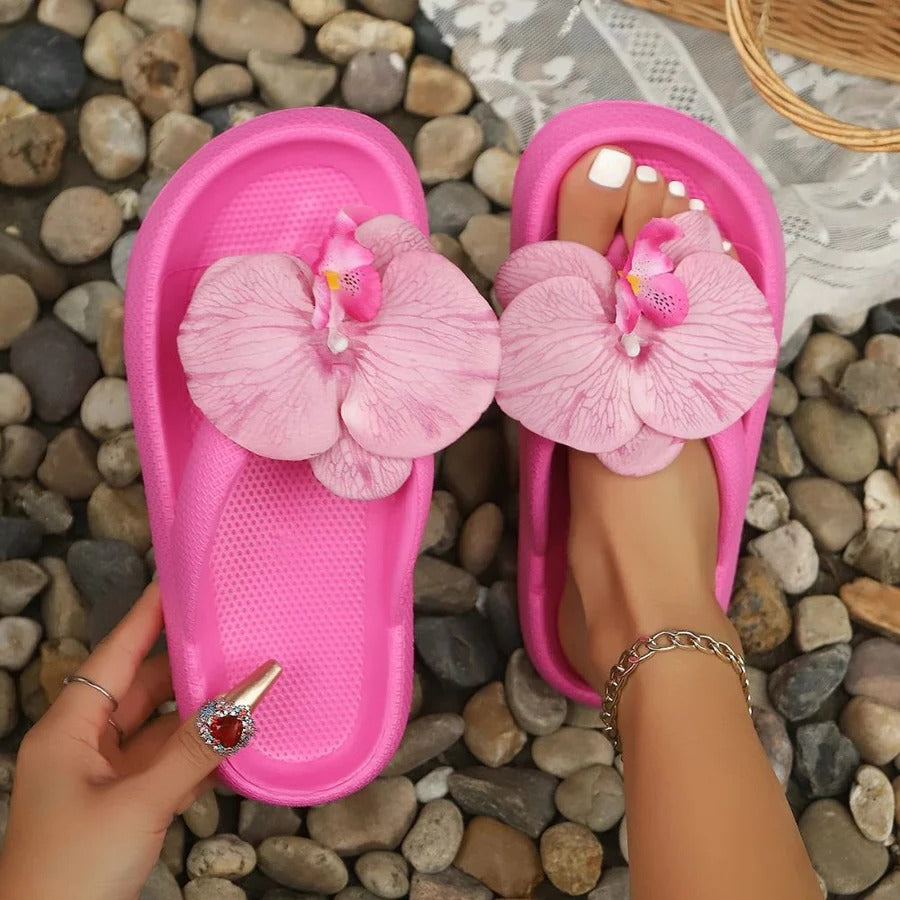Tongs d'été tropicales à motif orchidée pour femme