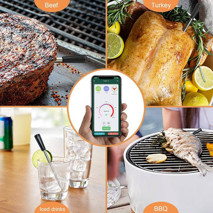Thermomètre à viande sans fil avec contrôle par application, Bluetooth 5.2, longue portée, étanche IP68, sonde pour barbecue, fumoir, grill et four