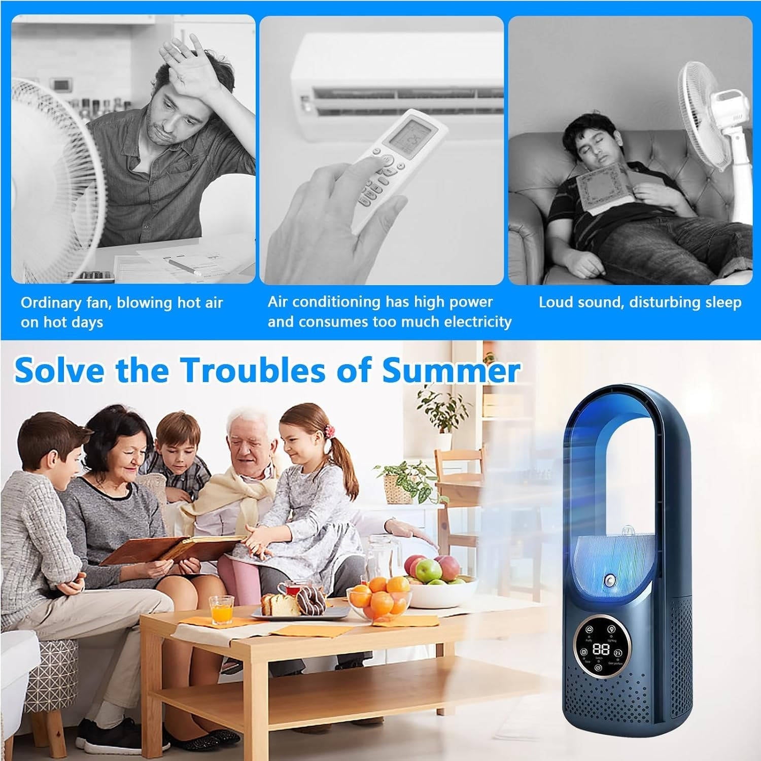 Ventilateur rafraîchisseur climatiseur portable avec humidificateur et purificateur, moteur DC sans balais, minuteur intelligent