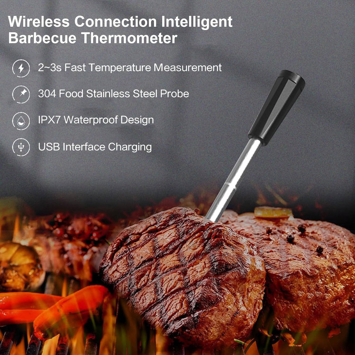 Thermomètre à viande sans fil avec contrôle par application, Bluetooth 5.2, longue portée, étanche IP68, sonde pour barbecue, fumoir, grill et four