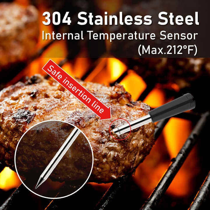 Thermomètre à viande sans fil avec contrôle par application, Bluetooth 5.2, longue portée, étanche IP68, sonde pour barbecue, fumoir, grill et four