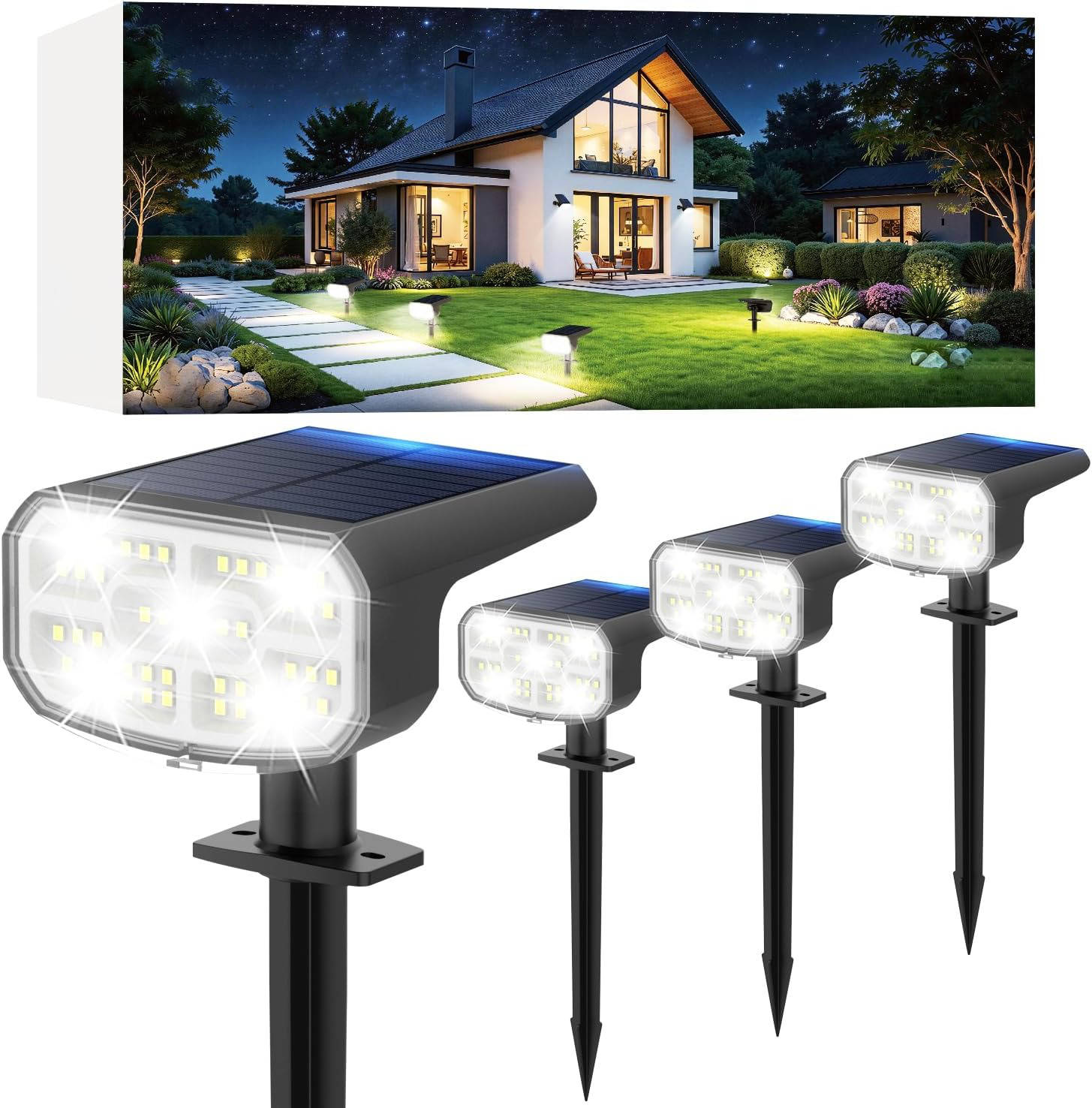 Spots solaires d'extérieur, projecteurs de jardin étanches IP65 avec 2 modes d'éclairage et activation automatique pour cour et paysage, lot de 4