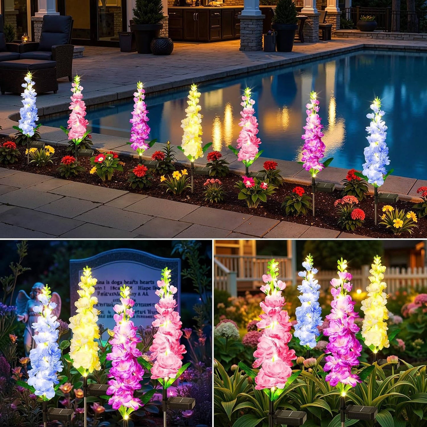 Lampes de jardin solaires delphinium améliorées, fleurs décoratives étanches 36 LED d'extérieur pour paysages, cours et terrasses, lot de 4