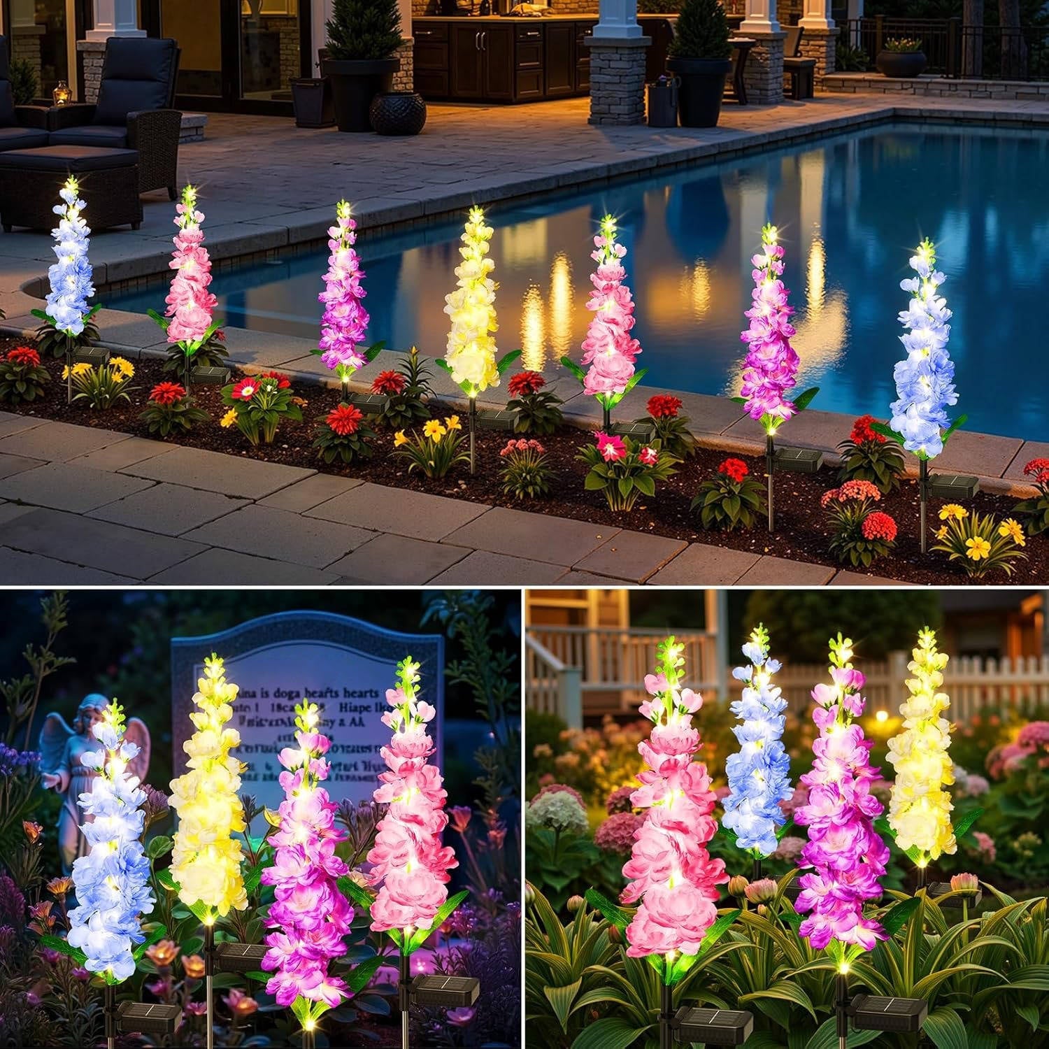 Lampes de jardin solaires delphinium améliorées, fleurs décoratives étanches 36 LED d'extérieur pour paysages, cours et terrasses, lot de 4
