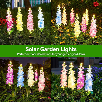 Lampes de jardin solaires delphinium améliorées, fleurs décoratives étanches 36 LED d'extérieur pour paysages, cours et terrasses, lot de 4