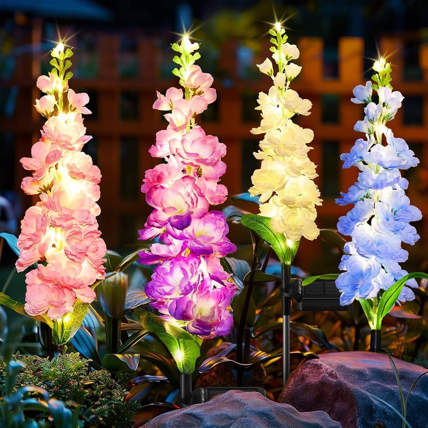 Lampes de jardin solaires delphinium améliorées, fleurs décoratives étanches 36 LED d'extérieur pour paysages, cours et terrasses, lot de 4