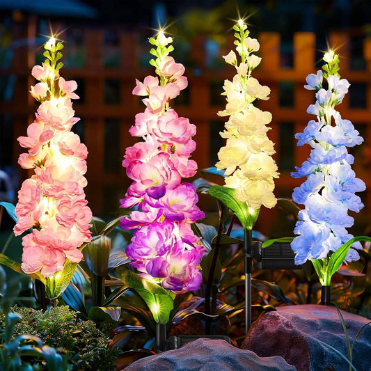 Lampes de jardin solaires delphinium améliorées, fleurs décoratives étanches 36 LED d'extérieur pour paysages, cours et terrasses, lot de 4