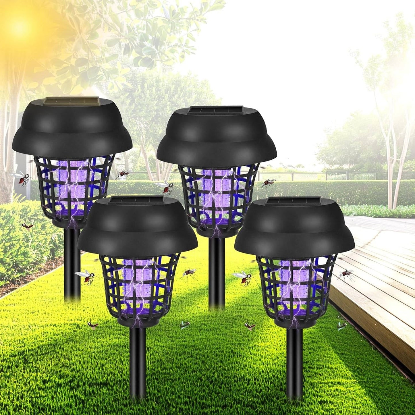 Lampe-piège à moustiques solaire pour terrasses, jardins et confort extérieur, contre moucherons, mouches et insectes, lot de 4