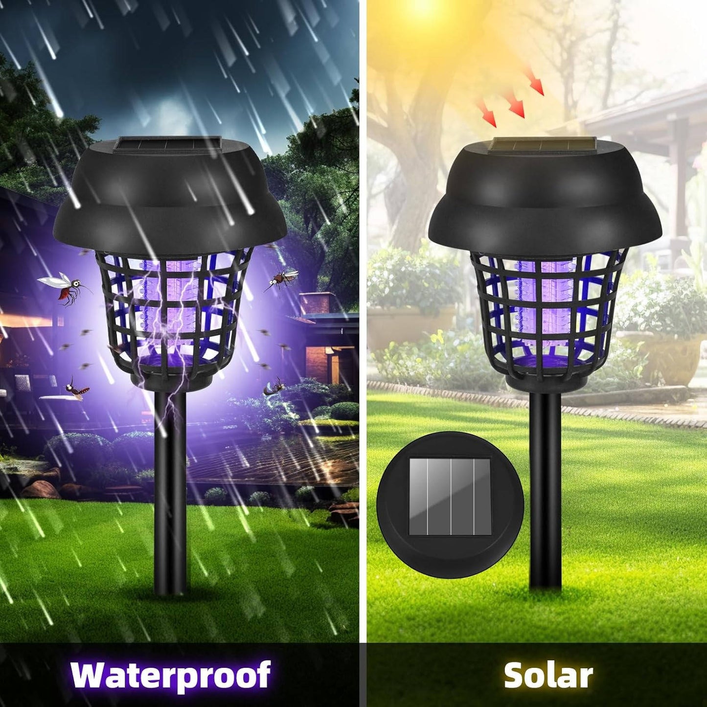 Lampe-piège à moustiques solaire pour terrasses, jardins et confort extérieur, contre moucherons, mouches et insectes, lot de 4