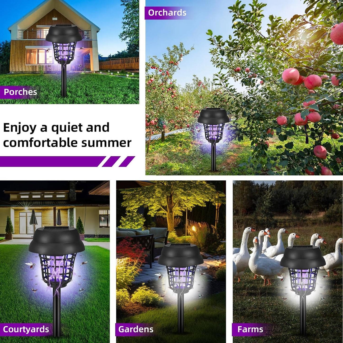 Lampe-piège à moustiques solaire pour terrasses, jardins et confort extérieur, contre moucherons, mouches et insectes, lot de 4