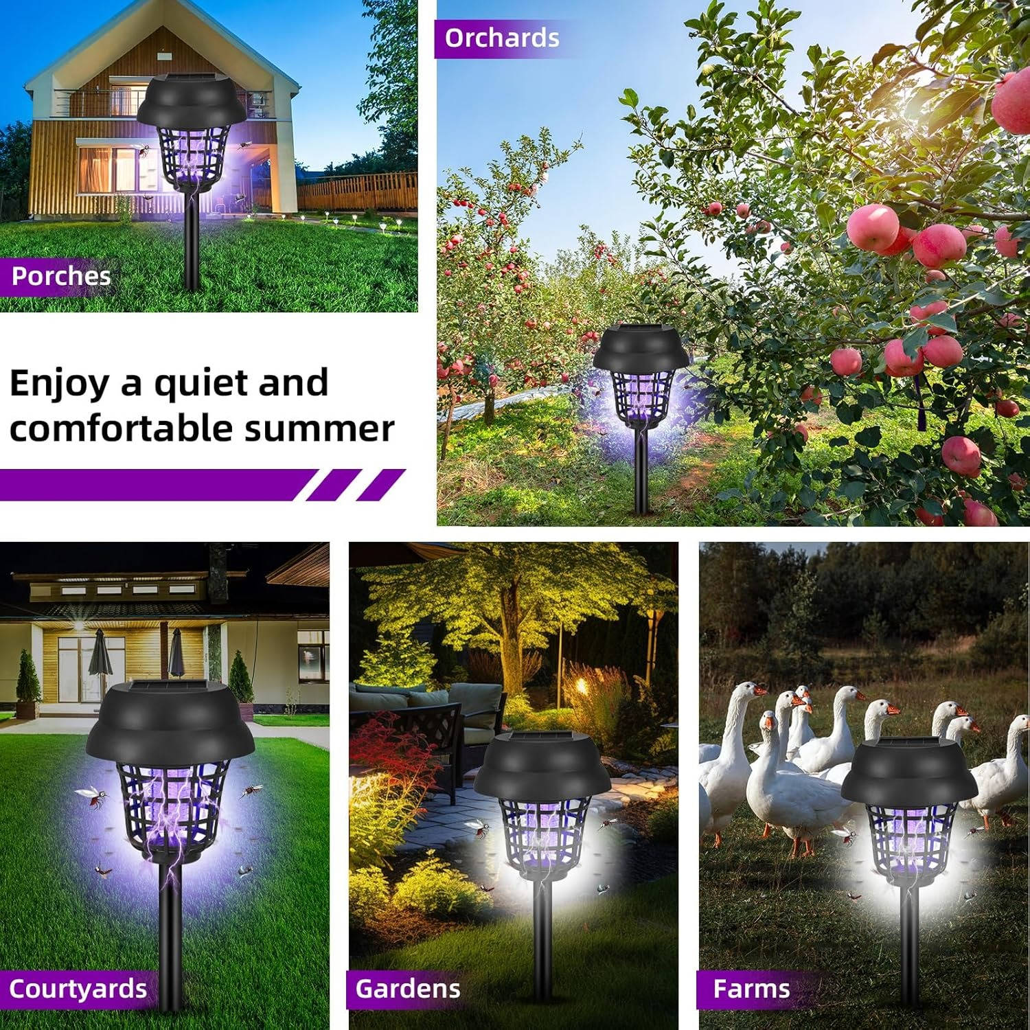 Lampe-piège à moustiques solaire pour terrasses, jardins et confort extérieur, contre moucherons, mouches et insectes, lot de 4