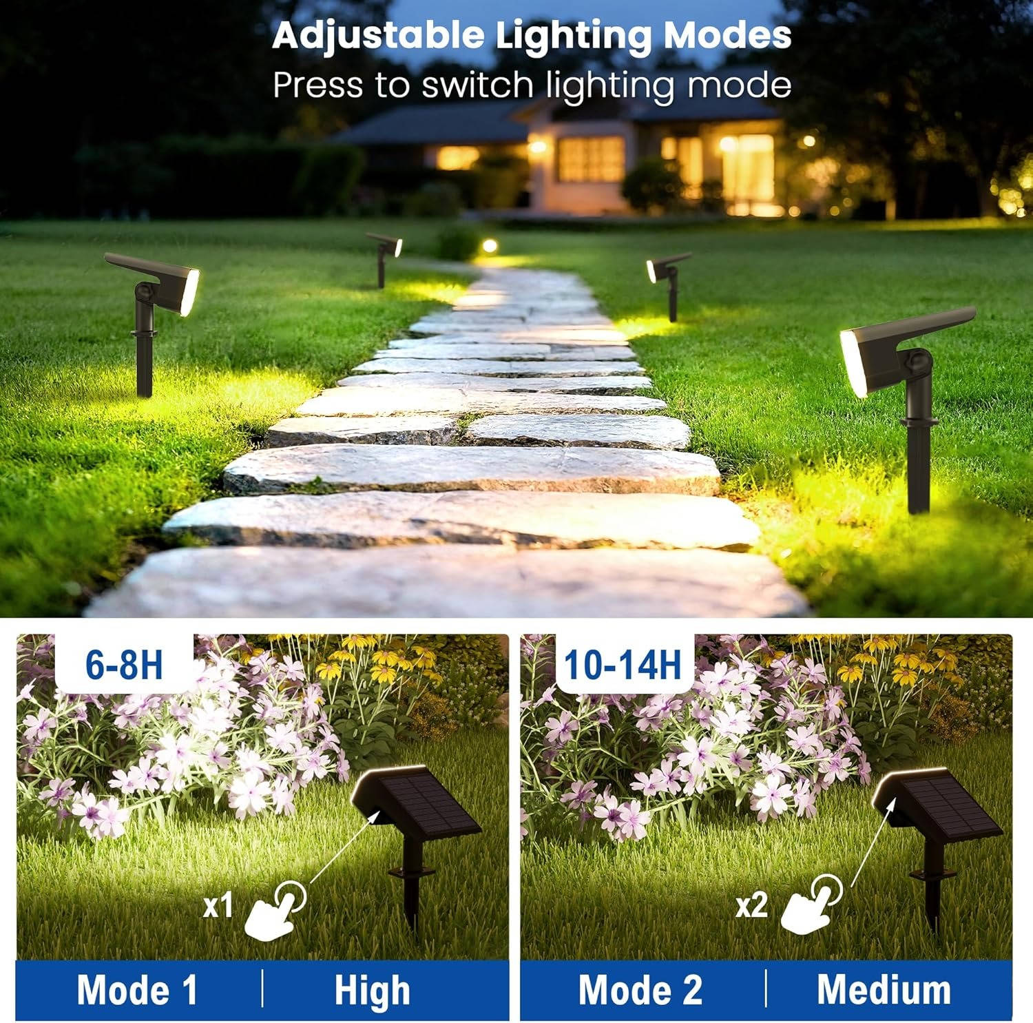 Spots solaires d'extérieur, projecteurs de jardin étanches IP65 avec 2 modes d'éclairage et activation automatique pour cour et paysage, lot de 4