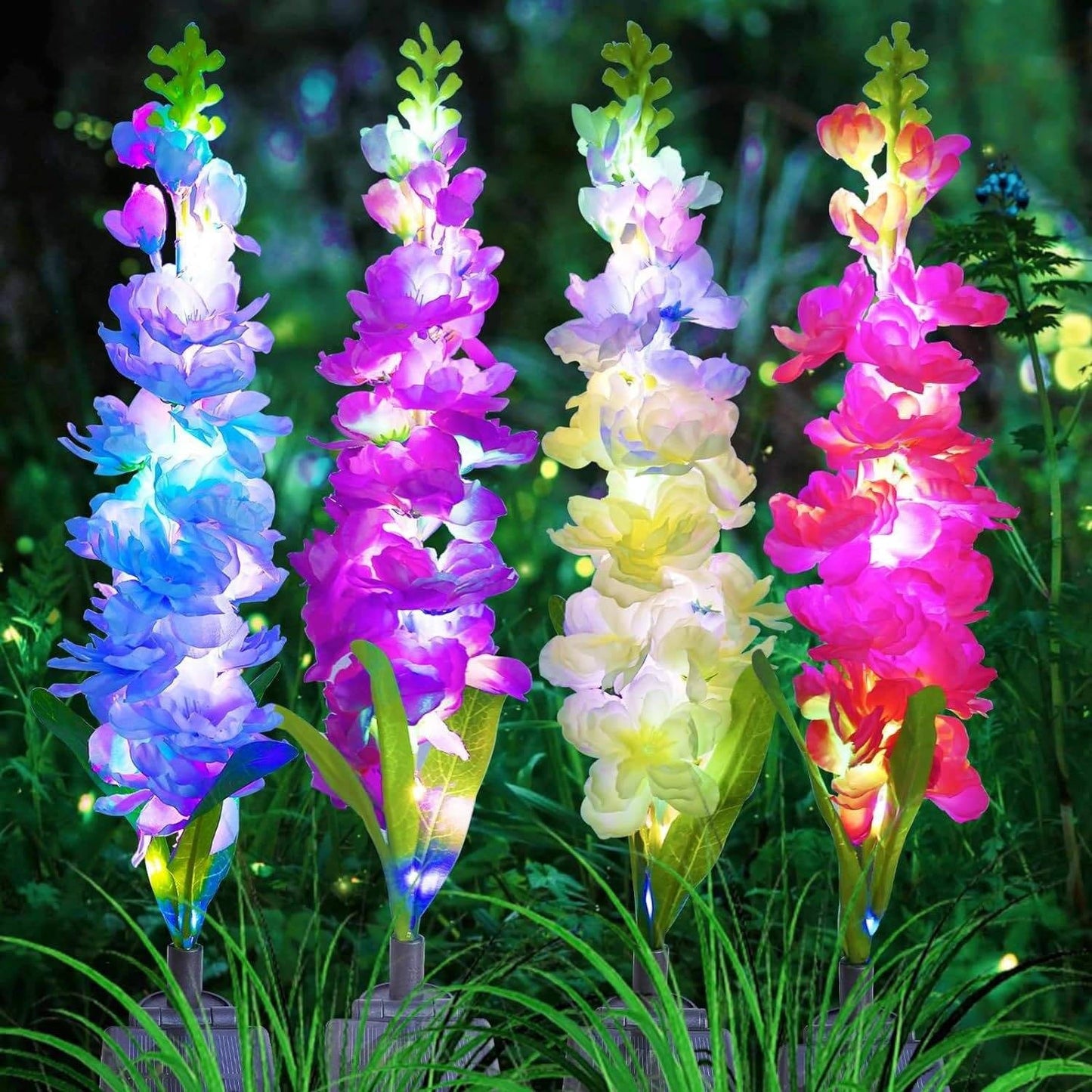 Lampes de jardin solaires delphinium améliorées, fleurs décoratives étanches 36 LED d'extérieur pour paysages, cours et terrasses, lot de 4