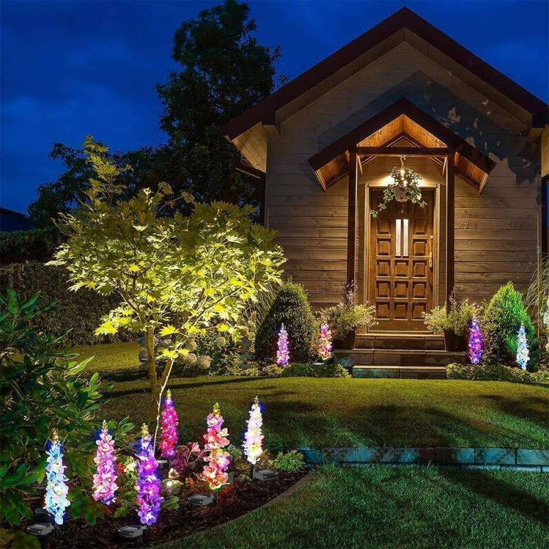 Lampes de jardin solaires delphinium améliorées, fleurs décoratives étanches 36 LED d'extérieur pour paysages, cours et terrasses, lot de 4
