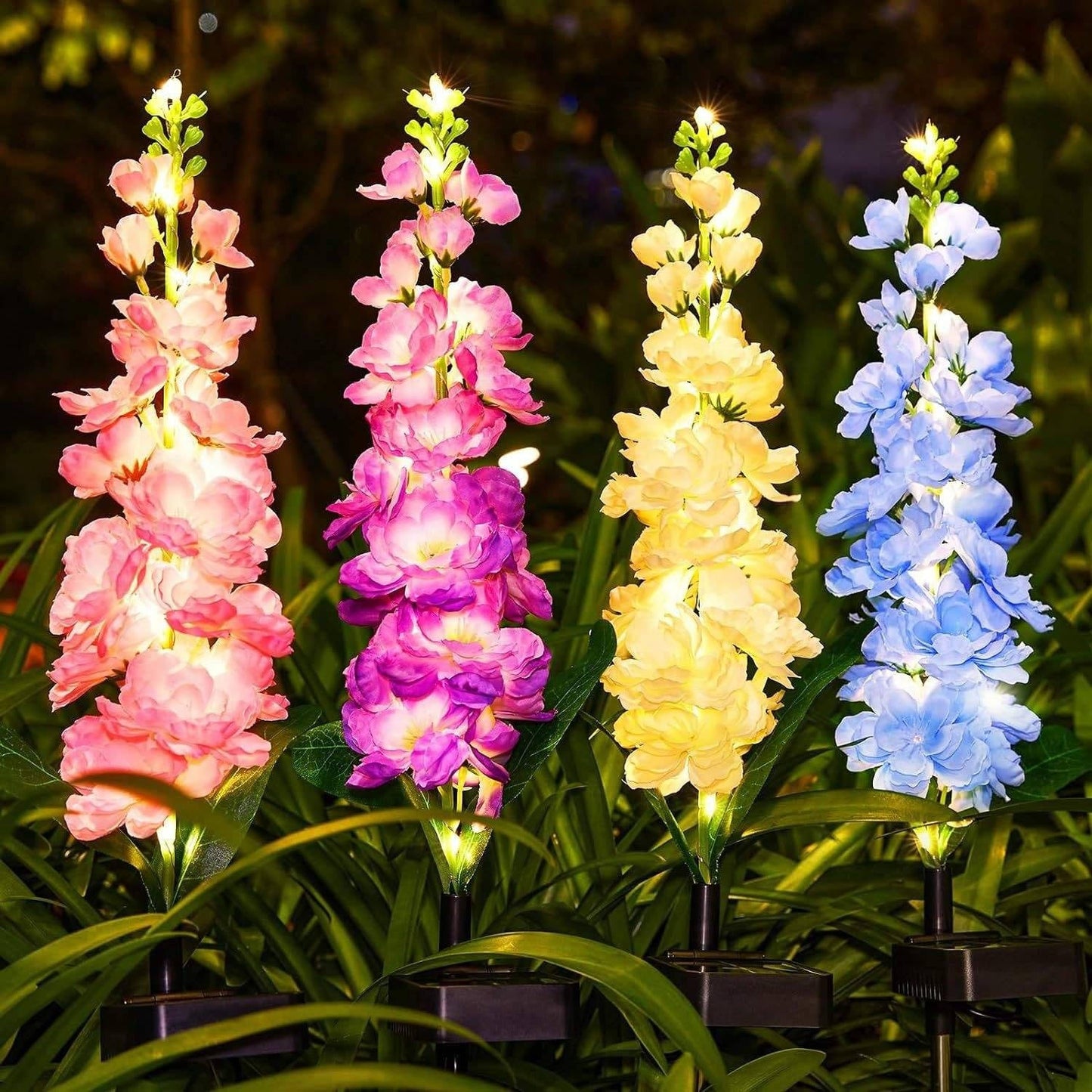 Lampes de jardin solaires delphinium améliorées, fleurs décoratives étanches 36 LED d'extérieur pour paysages, cours et terrasses, lot de 4