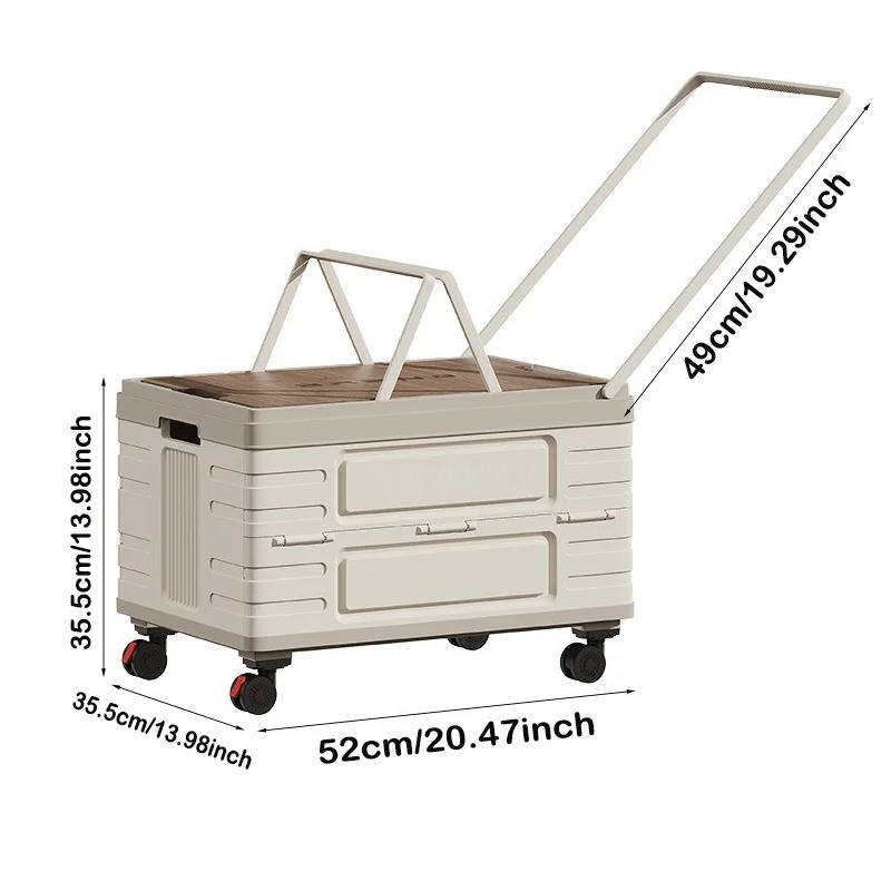 Boîte de rangement d'extérieur pliable portable pour le camping, le pique-nique et le jardin, chariot pliable à roulettes 360° avec couvercle en bois