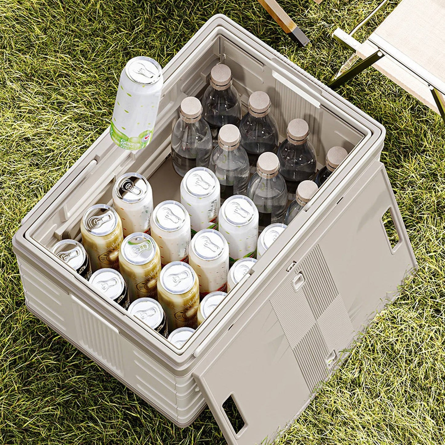 Boîte de rangement d'extérieur pliable portable pour le camping, le pique-nique et le jardin, chariot pliable à roulettes 360° avec couvercle en bois