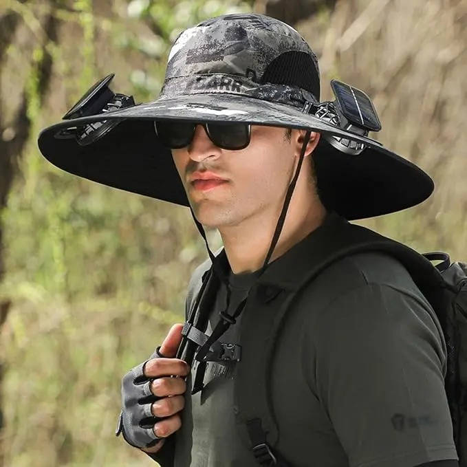 Chapeau de soleil à large bord d'extérieur avec 2 ventilateurs solaires, protection UV pour homme et femme, chapeau rafraîchissant pour le camping et la randonnée