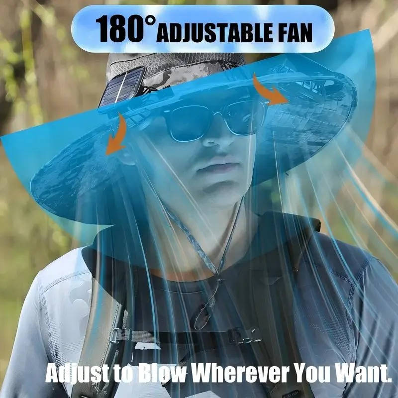 Chapeau de soleil à large bord d'extérieur avec 2 ventilateurs solaires, protection UV pour homme et femme, chapeau rafraîchissant pour le camping et la randonnée