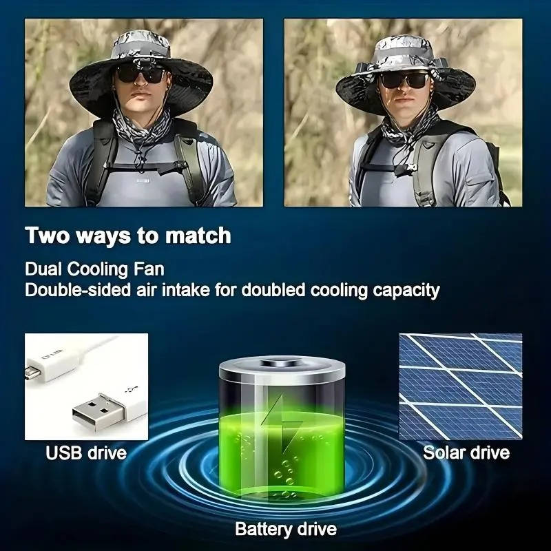 Chapeau de soleil à large bord d'extérieur avec 2 ventilateurs solaires, protection UV pour homme et femme, chapeau rafraîchissant pour le camping et la randonnée